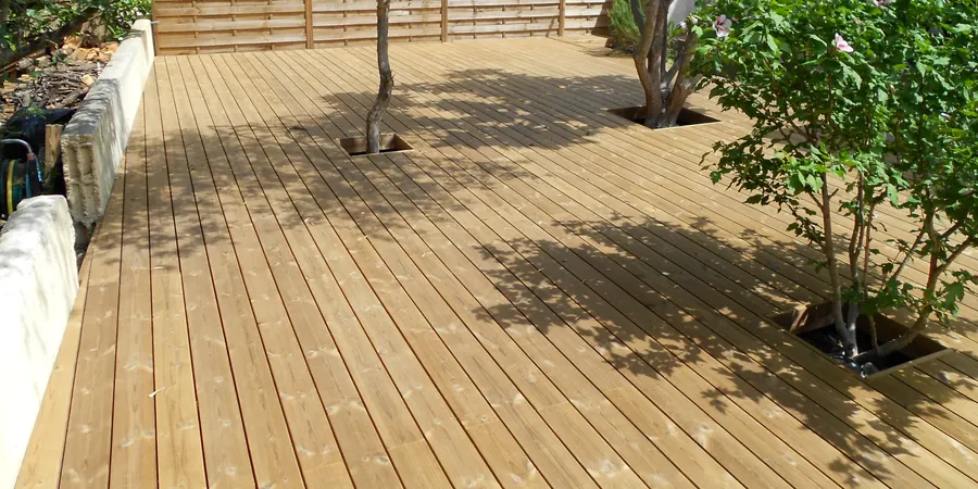 Großes Holzdeck mit runden Aussparungen für gewachsene Bäume